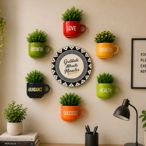 Gratitude Attracts Miracles | Cup Planters & Ivory Wall Plate Combo
