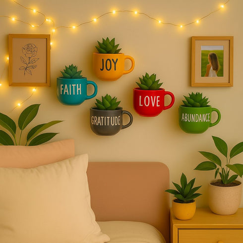 Happy Words Wall Decoration | Ceramic Cup Planters | Home Decor & Personalised Gifts for Family