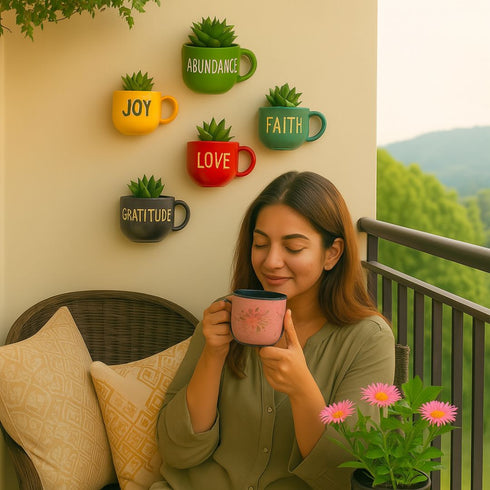 Happy Words Wall Decoration | Ceramic Cup Planters | Home Decor & Personalised Gifts for Family