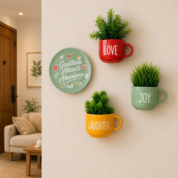 Gratitude Attracts Abundance | Cup Planters & Plate Combo | Wall Decor Set | Home Decor & Personalised Gifts for Family