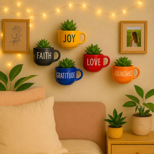 Happy Words Wall Decoration | Ceramic Cup Planters | Home Decor & Personalised Gifts for Family