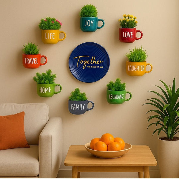 Decorative wall art with colorful mugs and plants in a living room setting.
