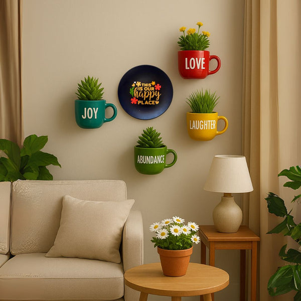This is Our Happy Place | Cup Planters & Plate Combo | Wall Decor Set | Home Decor & Personalised Gifts for Family