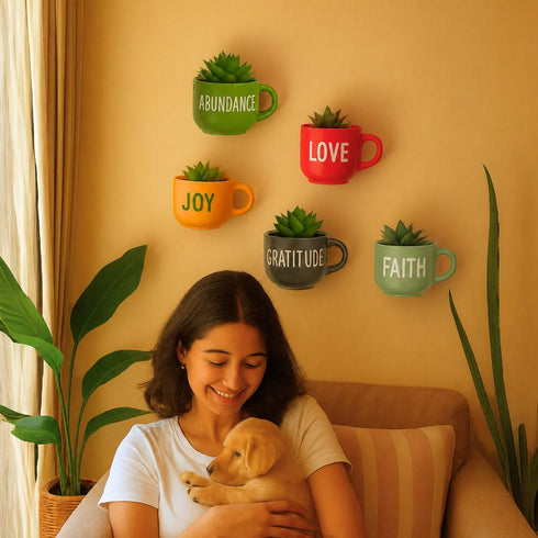 Happy Words Wall Decoration | Ceramic Cup Planters | Home Decor & Personalised Gifts for Family