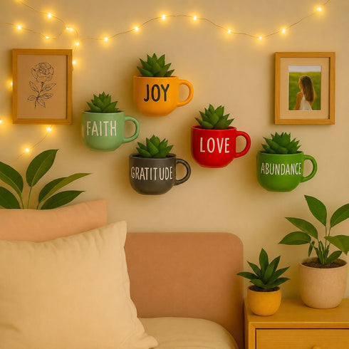 Happy Words Wall Decoration | Ceramic Cup Planters | Home Decor & Personalised Gifts for Family