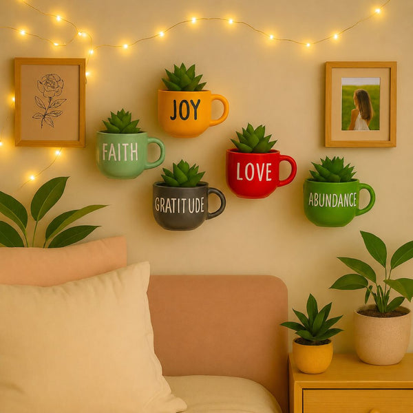 Happy Words Wall Decoration | Ceramic Cup Planters | Home Decor & Personalised Gifts for Family