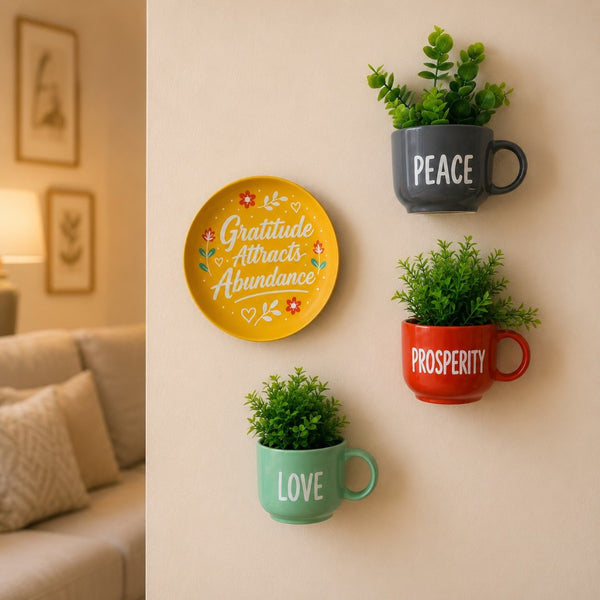 Gratitude Attracts Abundance | Floral Design | Neon Yellow Wall Plate & Cup Planters Combo | Wall Decor Set | Home Decor & Personalised Gifts for Family