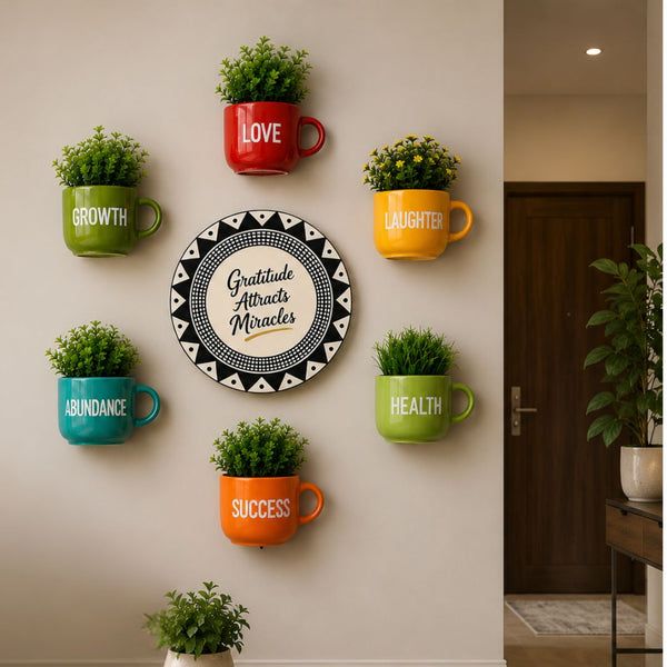 Gratitude Attracts Miracles | Cup Planters & Ivory Wall Plate Combo | Wall Decor Set | Home Decor & Personalised Gifts