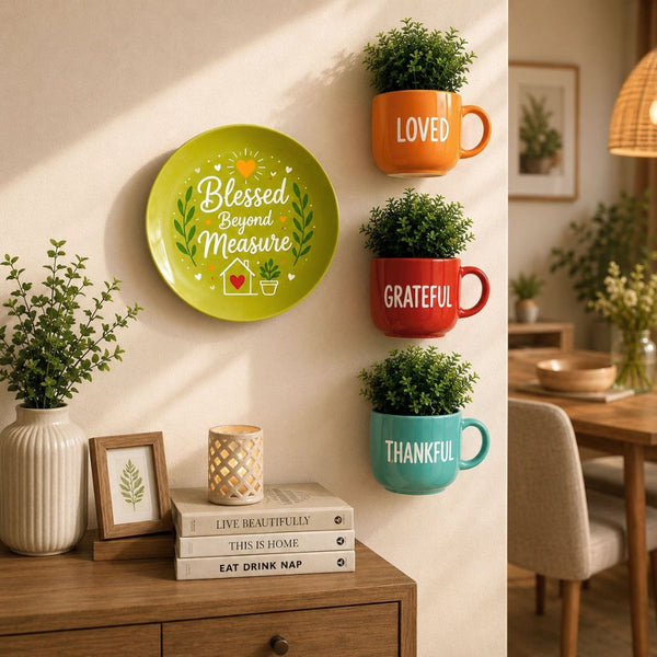 Blessed Beyond Measure | Lime Green Wall Plate & Cup Planters Combo | Wall Decor Set | Home Decor & Personalised Gifts for Family