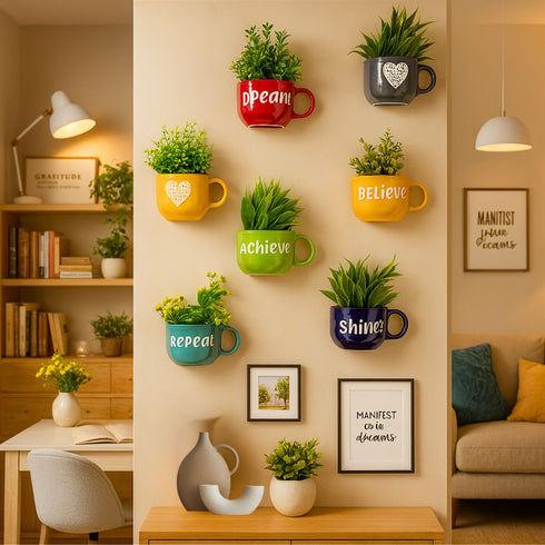 Dream Believe Achieve Repeat Cup planters | Wall Planters Decor | Ceramic Home Decor