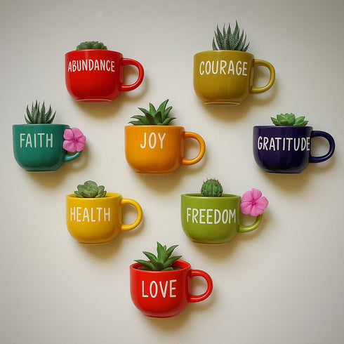 Colorful mugs with motivational words and small plants on a light background