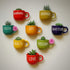 Colorful mugs with motivational words and small plants on a light background