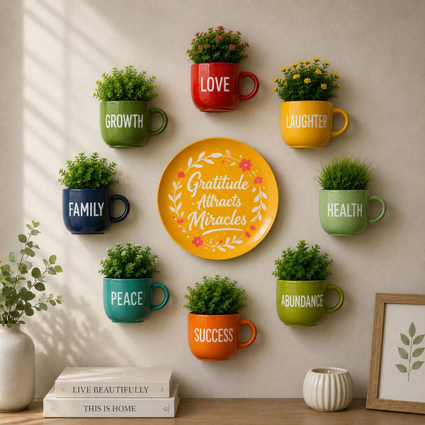 Decorative wall with colorful mugs and plants on a neutral background