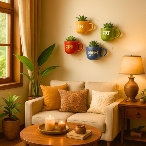 Hindi Ghar Sukoon Sabr Shukr | Painted Wall Planter Set | Personalised Gift | Home Decor