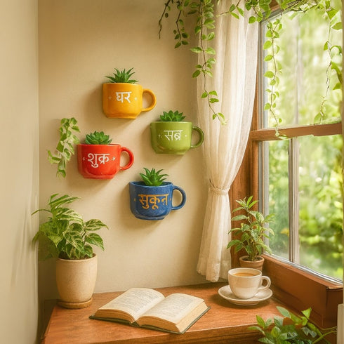 Hindi Ghar Sukoon Sabr Shukr | Painted Wall Planter Set | Personalised Gift | Home Decor