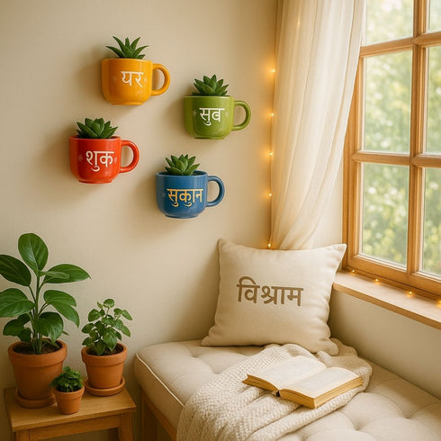 Hindi Ghar Sukoon Sabr Shukr | Painted Wall Planter Set | Personalised Gift | Home Decor