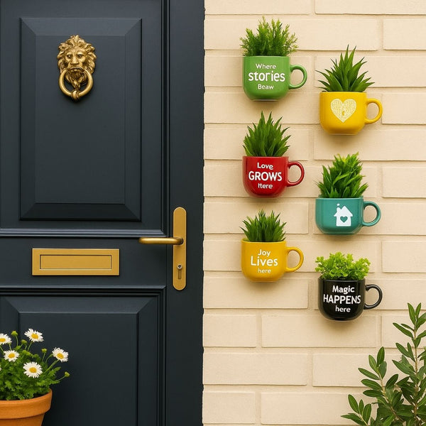 Decorative wall with colorful mugs and plants in front of a black door.