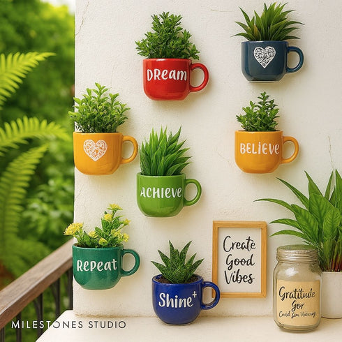 Dream Believe Achieve Repeat Cup planters | Wall Planters Decor | Ceramic Home Decor
