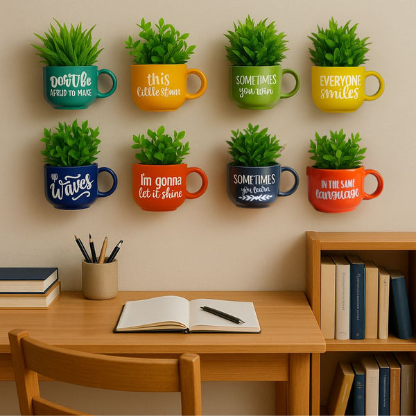Motivational Quote Wall Planters – Set of 8 Colourful Cup Planters