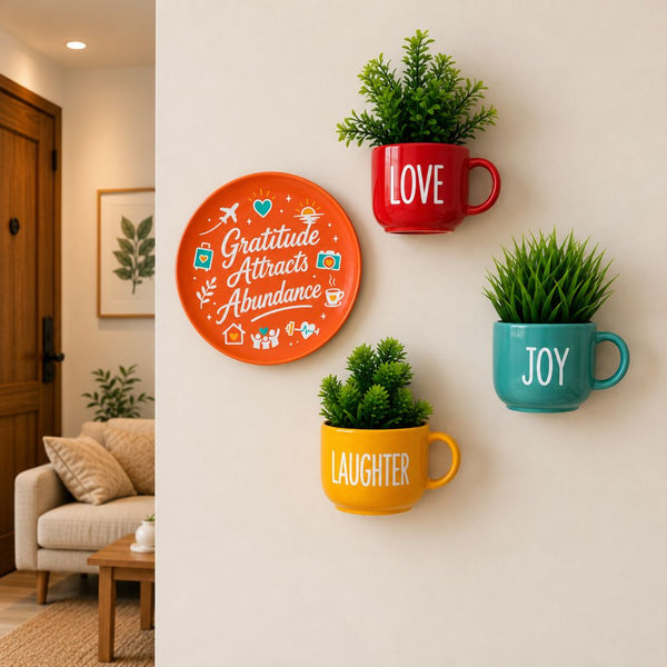Gratitude Attracts Abundance | Doodle Design | Baby Blue Wall Plate & Cup Planters Combo | Wall Decor Set | Home Decor & Personalised Gifts for Family