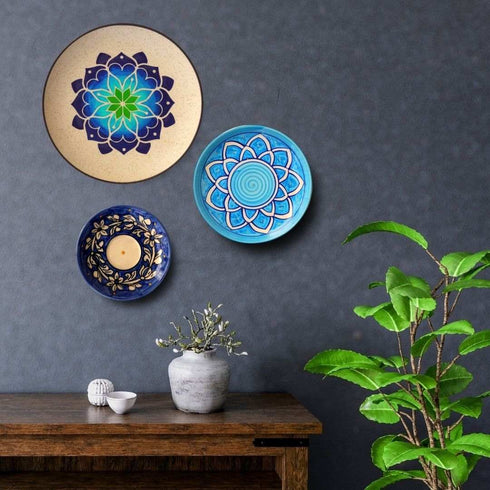 Lotus Mandala Wall Plate Decoration - Teal Blue and White Minimalist Bed Room Wall Art - Home Decor - Console Wall Decor - Home Office Decor - Wall Plate Set - Buy Online India - Free Delivery