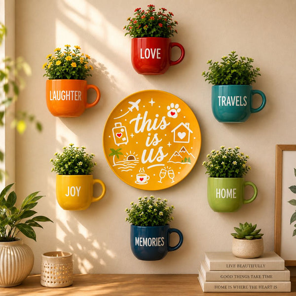 Decorative wall with colorful mugs and plants featuring motivational phrases.