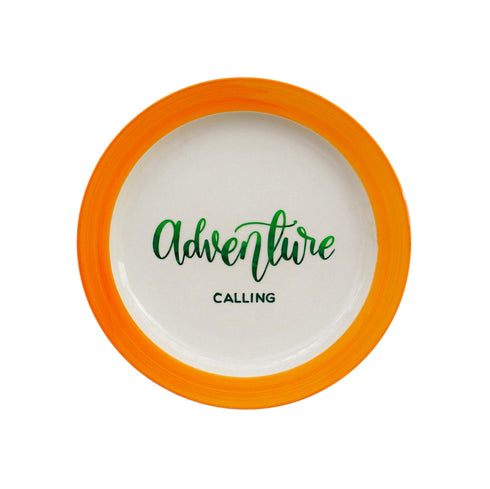 Wall Plate - Adventure Calling - Neon Orange Rim - Hues of Green Lettering - Home/Office Decor - Personalised Gifting - Buy Online - Free India Shipping