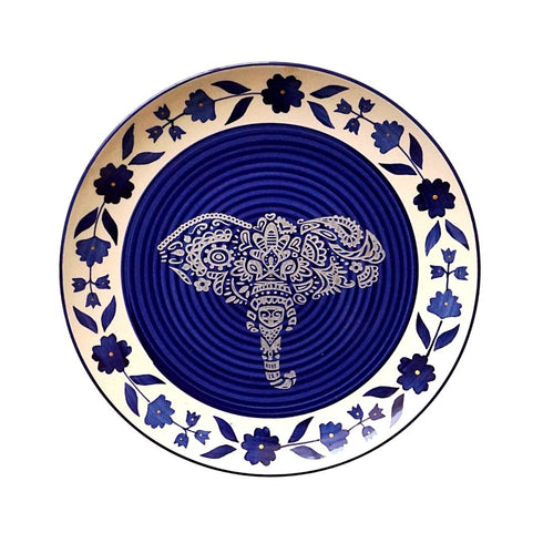 Wall Plate - Elephant Mandala - Royal Blue with Floral Border - Spiritual Home Decor - House Warming or Grihapravesh Gift - Free Shipping