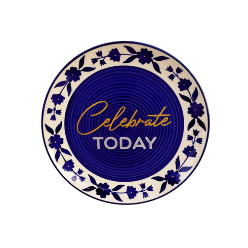 Wall Plate - Floral Blue Border- Celebrate Today in Gray and Yellow - Hand Lettered and Hand painted - Feel Good Home Decor and Gift