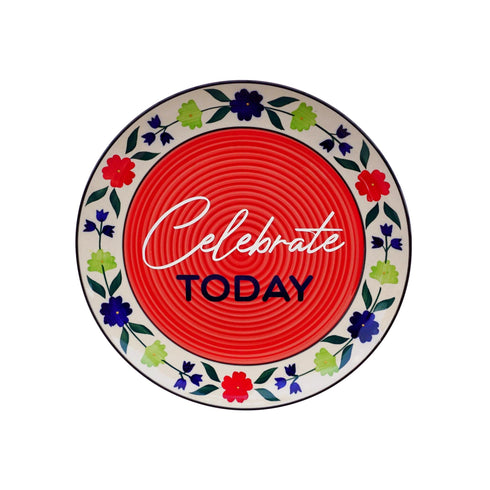 Wall Plate - Floral Red Border - Celebrate Today in Gray and Yellow - Hand Lettered and Hand painted - Feel Good Home Decor and Gift