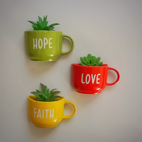 Hope Faith Love - Cup Planter Set - Mug Planters - Wall Garden Decor - Balcony Decor - Small Planters - Small Pot - Plant Lover Gift - Buy Online India - Free Shipping