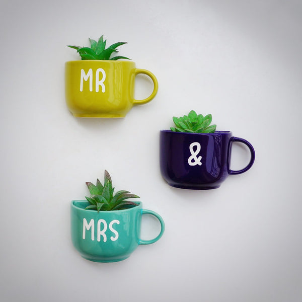 Ceramic Wall Planter - Mr & Mrs Home Decor - Mr and Mrs Gift - Personalized Wedding Gift - Mug Planters - Garden Wall Decor - Balcony Decor - Buy Online India - Free Shipping