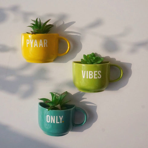 Good Vibes Only Cup Planters - Mug Planter Set - Wall Planters - Garden Wall Decor - Balcony Decor - Succulent Planter - Small Ceramic Pots - Plant Lover Gifts - Buy Online India - Free Shipping