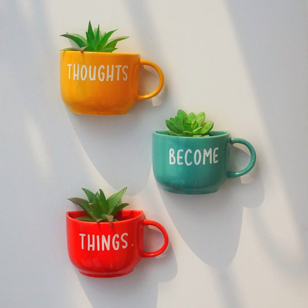 Thought Become Things Cup Planters - Mug Planters - Wall Planters - Garden Wall Decor - Balcony Decor - Succulent Planter - Small Ceramic Pots - Plant Lover Gifts - Buy Online India - Free Shipping