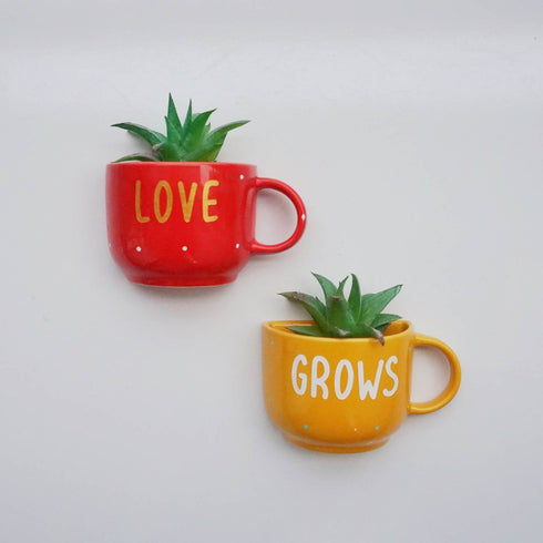 Love Grows-Wall Pocket Decor-Office Accessories-Yellow and Emerald Green-Home Decor-Personalised Anniversary Birthday Wedding Gifts-Ceramic Wall Vase Set-buy online free shipping India