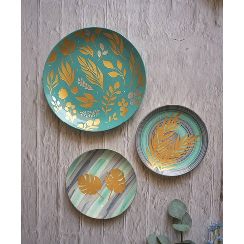 Blue Gold Decorative Plates for Wall Decor - Bleachy Blues - 3 Decorative Wall Plates Set - Buy Online India - Free Shipping