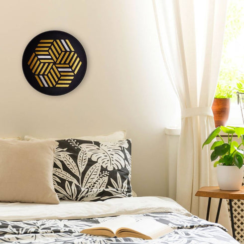 Geometric Illusion Wall Plate in bedroom - Black Wall plate with Gold and Silver Geometric lines Wall plate- Hand Painted - Minimalistic Home Office Decor - Buy Online India - Free Shipping