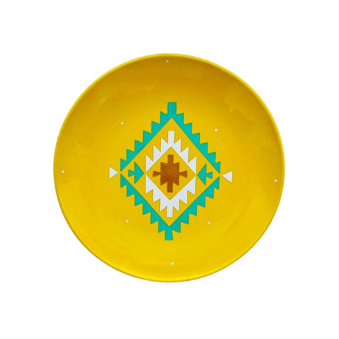 Wall Plate - Ikat Motif - Neon Yellow - Teal Blue- White and Gold -Bohemian Home Decor - Decorative Plate - Free Shipping India - Buy Online