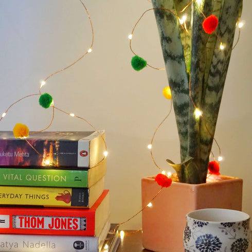 Pom Pom String Lights - Bookshelf Fairy Lights - Colourful Pom Pom Decor - Mood Lighting - Quirky Gift - Buy Online India - Free Shipping