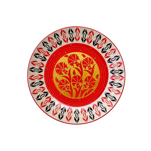 Wall Plate - Red Floral Pattern - Gold Detailing - Black and White Rim - Wall Decor - Home Decor - Buy Online India - Free Shipping