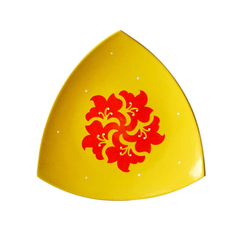 Neon Yellow Triangle Wall Plate - With Orange Floral Hibiscus Motif - Bright Colourful Home Decor - Buy online India - Free Shipping