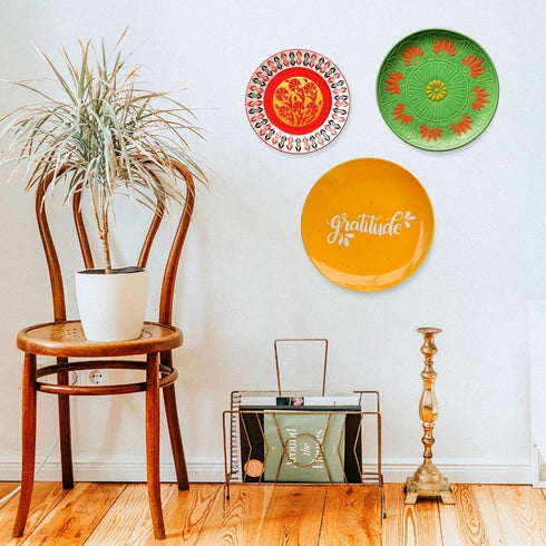 Wall Plate Decor by chair - Yellow Gratitude Sign - Happy Place - Colourful Entrance Decor - Bright Porch Decor - Buy Online India - Free Shipping