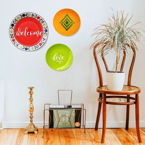 Wall Plate Decor at Entrance - Love Sign - Welcome Home Sign - Yellow Green Ikat Motif - Porch Decor - Buy Online India - Free Shipping