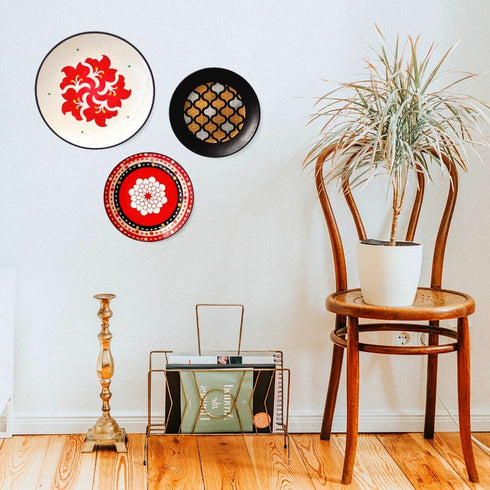 Wall Plate Decor by chair - Black Red Gold Decor - Moroccan Pattern Wall Plate -Entrance Decor - Porch Decor - Buy Online India - Free Shipping