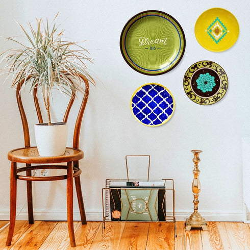 Wall Plate Decor by chair - Brown and Blue Floral Wall Plate Decor set - Happy Place Decor - Colourful Entrance Decor - Bright Porch Decor - Buy Online India - Free Shipping