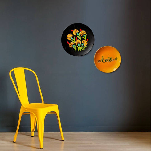 Gallery Wall Plate Decor - Bright Yellow and Black Floral Wall Plate - Studio Decor - Cafe Wall Hanging - Buy Online India - Free Shipping
