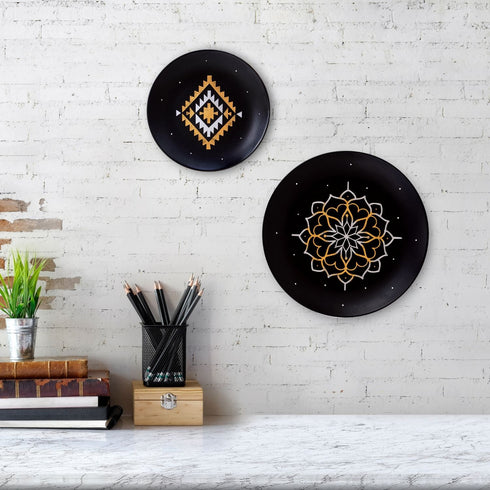 Wall Plates - Matt Black Mandala and Ikat Motif - Wall Decor - Home Decor - Home Office Decor - Workspace Decor - Study Room Decor - Buy Online India - Free Shipping