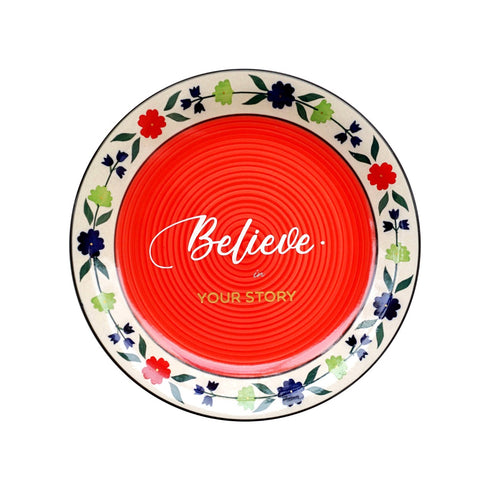 Beautiful Red Wall plate with Floral border - Hand Lettered Motivational Quote - Believe - Home Decor - buy online india