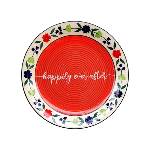 Wall Plate - Bright Floral Red - Happily Ever After - Hand Lettered - Personalised Wedding Gift - Feel Good Home Decor